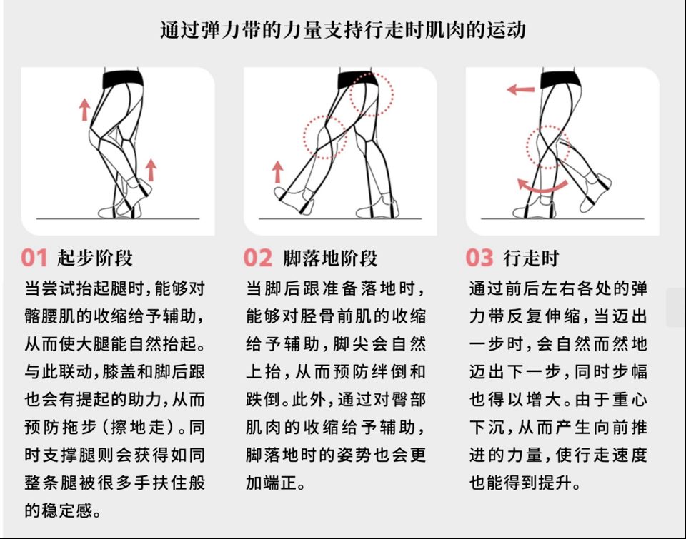 futto 步行筋原理：起步阶段辅助髂腰肌抬腿，脚落地阶段辅助胫骨前肌帮助抬脚，行走时前后左右弹力带反复伸缩辅助迈步